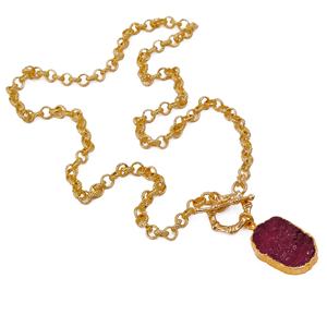 Dyed Ruby July Birthstone Raw Crystal Pendant <b>Necklace</b> Gold Plated Toggle Clasp Rough Stone Healing Handmade <b>Fashion</b> <b>Necklaces</b> - Product Image 3