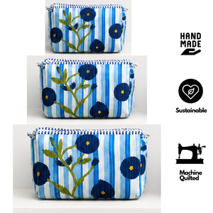 Striped Blue Floral Quilted Cotton Eco-Friendly Large Capacity Handcrafted Cosmetic Bag Set 3 Storage Gifting Travel All Season - Product Image 2