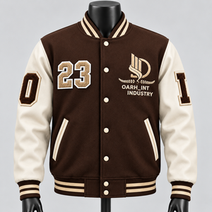 Chaqueta Varsity de Invierno Ecológica para Hombre, Color Marrón y Blanco, con Logotipo Personalizado Bordado OARH INT INDUSTRY, Estilo Preppy, Cuello Camisero - Product Image 1