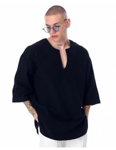 T-shirt noir surdimensionné pour homme, manches courtes, col rond, en coton tricoté, couleur unie, longueur longue, style streetwear - Product Image 1