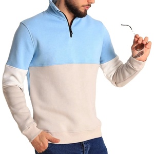 Sweat-shirt pour homme à col montant zippé, coupe droite, tricoté, color block, décontracté, pour l'automne, bleu clair et beige, manches longues - Product Image 1