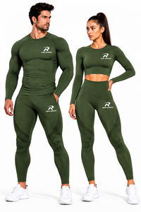Conjunto de Compresión Deportivo para Hombre Risk Sports, Color Verde Oliva, Sin Costuras, con Logotipo Personalizado, Camiseta de Manga Larga y Pantalones hasta el Tobillo - Product Image 5
