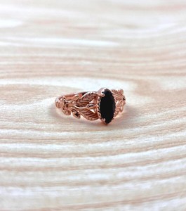 Black Onyx Ring 925 Sterling Silver 14K Rose Gold Plated <b>Leaf</b> Flower Nature Inspired Women Engagement Fashion Jewelry - Product Image 2