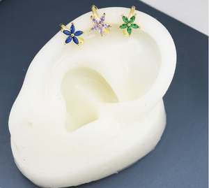 Manchette d'oreille Fleur en Zircon Cubique Bleu Saphir en Argent Sterling, Argent ou Or, Simple, Sans Perçage, Minimaliste - Product Image 4