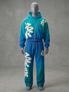 Ensemble de survêtement homme marron en molleton à fermeture éclair, imprimé lettres, coupe ample, style streetwear, 2 pièces, vintage, respirant, délavé à l'acide, avec poches - Product Image 4