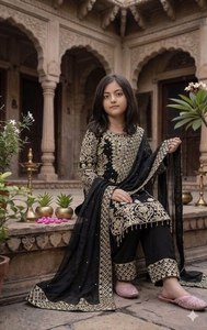 Black Embroidered <b>Indian</b> Pakistani Set for Women <b>Top</b> Bottom Dupatta Sequin Dress Wear Party Wedding - Product Image 3