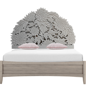 Cabecero de Cama de Madera de Ingeniería Cal King, Ajustable, Tallado a Mano, con Diseño de Girasol de Media Luna, Acabado Gris Lavado, Smart Art - Product Image 1