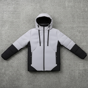<b>Men's</b> Hooded Puffer <b>Jacket</b> <b>Long</b> Sleeve Color Blocking Windproof Thick Winter Coat With Zipper Closure And Front Logo Print - Product Image 2