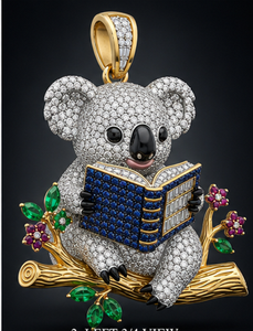 Broche pendentif Koala en forme de livre, plaqué or, ton argent, cristal rubis vert, bijou cadeau - Product Image 1