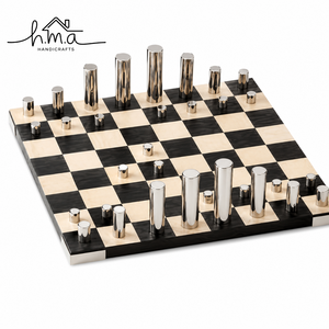 <b>Black</b> And Silver Brass Chess Set With Cylindrical Geometric Pieces Modern Checkered Square <b>Board</b> Luxury Decor Game - Product Image 5