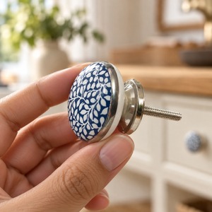 SHUBHAM Blue White Ceramic Cabinet <b>Knob</b> with Botanical Leaf Design <b>Silver</b> Metal Base Decorative <b>Drawer</b> Dresser Wardrobe - Product Image 4