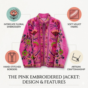 Blouson bomber en velours rose brodé |   Vêtement décontracté pour femme à col montant, motif floral brodé, chef-d'œuvre artisanal, doublure en coton - Product Image 6