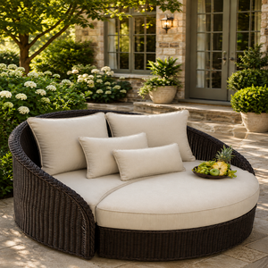 Round Outdoor Daybed <b>Rattan</b> Wicker Sun Lounger Cushioned Patio <b>Sofa</b> for Garden Courtyard Hotel - Product Image 1