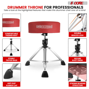 Trono de Batería Profesional de Acero de 5 Núcleos, Acolchado de 4 Pulgadas de Grosor, Capacidad de 400 Lb, Soporte de Batería Giratorio Ajustable, Modelo DS CH RED PR HD, Incluye - Product Image 5