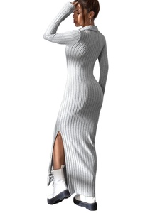 Printemps et été 2025 nouveau Style tricoté mince revers à manches longues robe Pit Strip couleur unie jupe serrée - Product Image 4