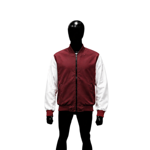 Veste universitaire personnalisée en satin marron et blanc pour hommes, qualité supérieure, style bomber de baseball avec manches contrastées et fermeture éclair intégrale - Product Image 1