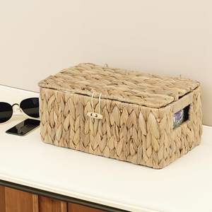 Wholesale Water Hyacinth <b>Storage</b> <b>Basket</b> with Lid <b>Rectangular</b> Wicker Organizer Box with Handles for Shelf Closet <b>Storage</b> OEM ODM - Product Image 1