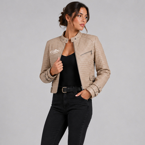Women's Motorcycle <b>Quilted</b> PU Leather <b>Jacket</b> Solid <b>Pattern</b> Stand Collar Zipper Front Cropped Style Belt Detail Windproof - Product Image 3