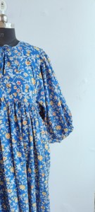Vintage Blue Yellow Floral Block Print Cotton Midi <b>Dress</b> with Puff Sleeves Tie-Neck <b>Loose</b> Fit Casual Summer <b>Dress</b> For Women - Product Image 2