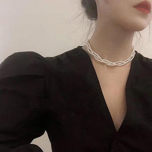 14K <b>Gold</b>-Plated Multi-Layer Stacked Freshwater White <b>Pearl</b> <b>Necklace</b> High-End 3-4MM Freshwater <b>Pearl</b> with Tail Chain - Product Image 4