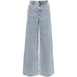 Jean en denim taille haute à jambe large pour femme, délavage clair, en coton, longueur intégrale, style décontracté printanier, décoré de rivets, style vintage - Product Image 1