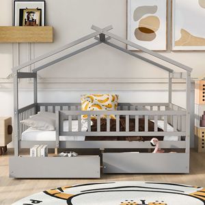 Letto a capanna in legno a grandezza naturale per bambini con due cassetti grigi - Product Image 2