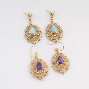 Natural Larimar Gemstone <b>Dangle</b> <b>Earrings</b> <b>Gold</b> Plated Brass Anchor Shape Filigree Design Trendy for Women Gift Jewelry - Product Image 6