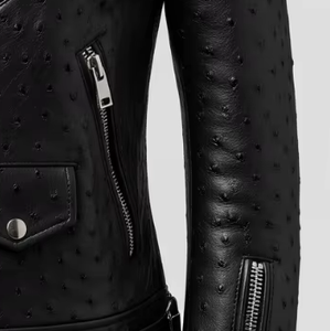 Veste en cuir de vachette de style motard, cuir embossé d'autruche, fermeture éclair de qualité supérieure, double col, qualité supérieure - Product Image 4