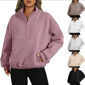 Sweat-shirt décontracté pour femme avec demi-fermeture éclair, col montant, manches longues, couleur unie et poche, idéal pour l'automne - Product Image 1