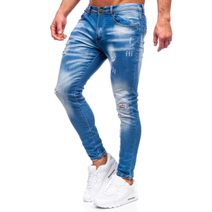 Pantalon en jean décontracté pour homme, coupe ajustée, jambe slim, bleu, tissu en coton respirant, service OEM - Product Image 4