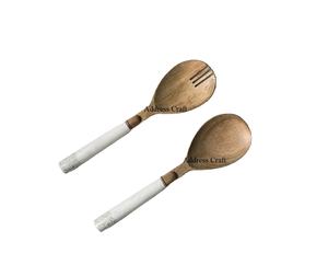 Serveur à salade en bois de manguier poli, manche en marbre terrazzo pour ustensiles de cuisine, vaisselle, outil à salade, couverts en bois, cuillère et fourchette - Product Image 1