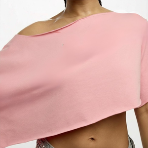 Hot Sale Women's One Shoulder Crop <b>Top</b> Asymmetrical Hem Solid Pink Cotton Jersey Y2K Style Loose Fit Spring Summer Short Sleeve - Product Image 3