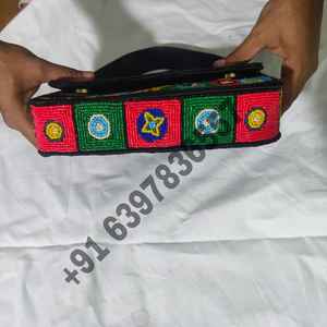 Bohemian Abstract Pattern Glass Bead Clutch Purse Handcrafted <b>Black</b> Fabric Shoulder <b>Bag</b> Women Ethnic Style <b>Evening</b> Accessory - Product Image 6