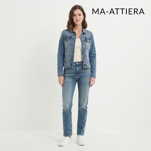 Ensemble décontracté deux pièces en jean bleu pour femme : veste boutonnée coupe ajustée et jean droit – Vente en gros - Product Image 1