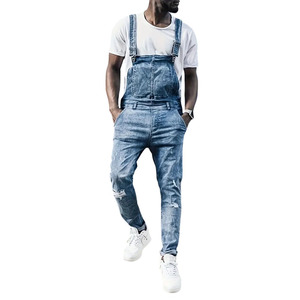 Salopette en jean bleu pour homme, couleur unie, déchirée, effet usé, coupe slim, décontractée, en coton, pour l'été - Product Image 6
