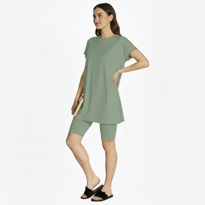 Women's Casual Sport 2 Piece Long Top Knee Length Bottom <b>Set</b> with Embroidery High Quality Summer Biker Short - Product Image 4