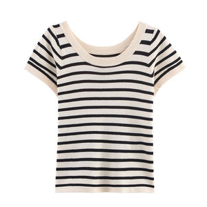 T-shirt décontracté d'été pour femme, col rond, rayures horizontales, coupe ajustée, extensible, style marin, ivoire et noir, collection 2026 HD - Product Image 2