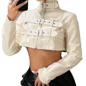 New <b>Women</b> Solid Super Crop Genuine Leather Jacket Breathable Windproof Zipper Long Sleeves Front Buckles for Winter High Street - Product Image 6
