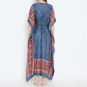 Women's Blue Paisley <b>Print</b> Kaftan Dress With Contrast Trim Floor-Length Modest Evening Gown Cap Sleeve Rayon <b>Material</b> - Product Image 3