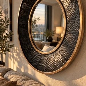 Hammered <b>Black</b> <b>Round</b> Glass & Metal <b>Frame</b> Wall <b>Mirror</b> Handmade Contemporary Design by REHMAN CRAFT - Product Image 6