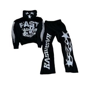 Survêtement brodé personnalisé avec fermeture à glissière en coton éponge français à capuche pantalon de survêtement évasé survêtements pour hommes - Product Image 5