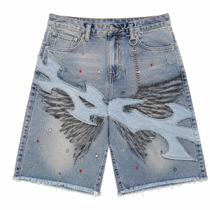 Flame Wing Rhinestone <b>ice</b> Blue Cotton denim Shorts men Baggy Y2K Streetwear Shorts Applique Chain <b>Ring</b> Frayed Hem Denim Shorts - Product Image 1