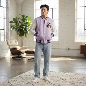 Custom Lavender Wool Letterman <b>Jacket</b> <b>White</b> Sleeves Embroidered Patch Snap Button College Style Outerwear <b>for</b> <b>Men</b> - Product Image 4