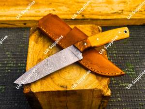 Couteau de chasse à lame fixe forgée en acier Damas, fait main, tranchant comme une lame de rasoir, avec manche en bois d'olivier, personnalisable OEM - Product Image 4