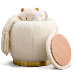 Modern Round Floral Storage Ottoman Soft Padded Teddy Velvet Footstool with Accent Small Table Plant Stand - Product Image 1