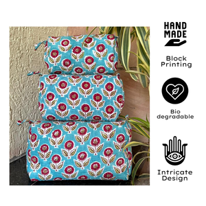 Jaipur Waterproof Hand Block Printed Quilted Cotton Travel Pouch Set Eco Friendly Durable Washable Organizer Daily Use Unisex - Product Image 1