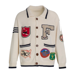 Cardigan en tricot pour femme, style universitaire, col rond, boutons sur le devant, manches longues, patchwork brodé, 100% coton, automne-hiver - Product Image 4
