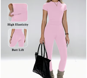 Combinaison de yoga rose sans coutures, col rond, manches courtes, taille haute, longueur intégrale, en coton et élasthanne, extensible dans les quatre sens, ensemble de vêtements de sport - Product Image 5
