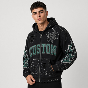 Custom Men's Black Zip-Up <b>Hoodie</b> With Rhinestone <b>Gothic</b> Graphic Streetwear Fleece Oversized Hooded Sweatshirt For Unisex - Product Image 1