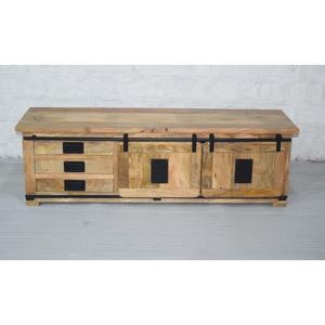 Meuble TV compact rustique en bois de manguier massif de style industriel 3 tiroirs 2 portes coulissantes réglables pour le rangement de meubles de maison - Product Image 1